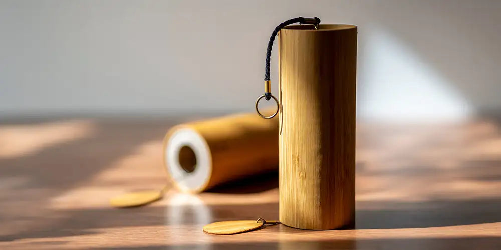 A cylindrical bamboo wind chime with a natural golden-brown finish, featuring a black braided cord and metal ring for hanging.
