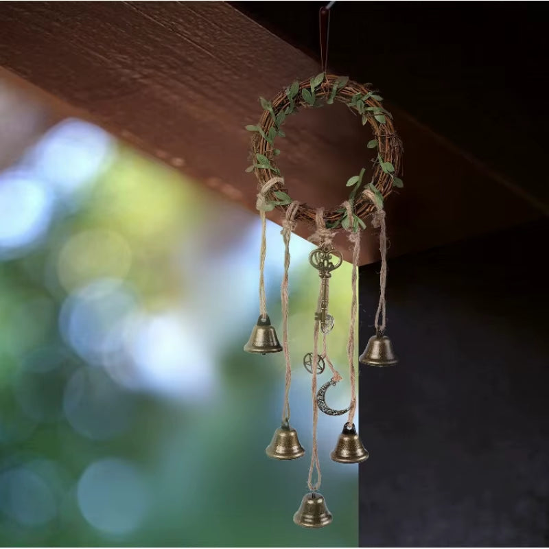 Decorative Witch Bell Wind Chimes with Brass Bells and Leafy Wreath Top