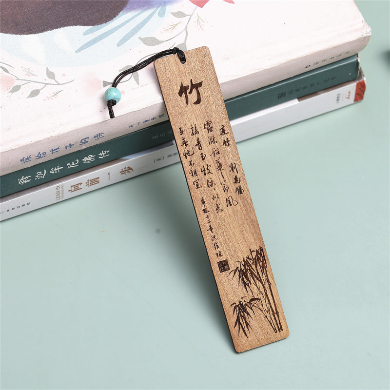 Lesezeichen aus Holz im Zen-Dekor mit Motiven aus Pflaume, Orchidee, Bambus und Chrysanthemen