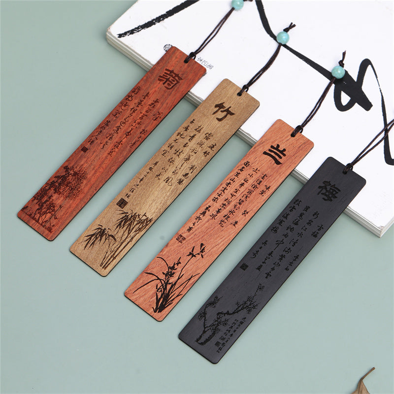 Lesezeichen aus Holz im Zen-Dekor mit Motiven aus Pflaume, Orchidee, Bambus und Chrysanthemen