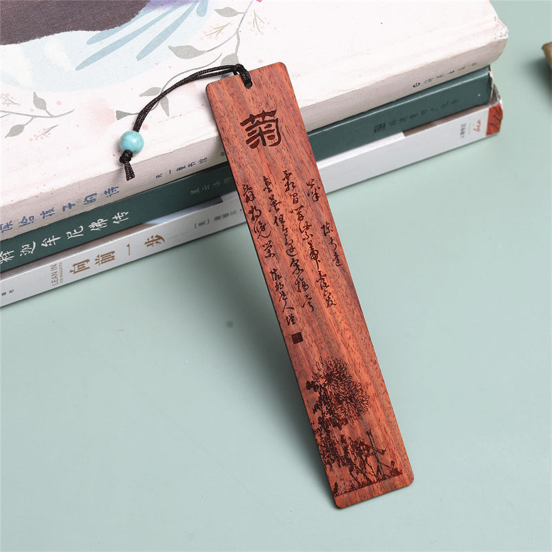 Lesezeichen aus Holz im Zen-Dekor mit Motiven aus Pflaume, Orchidee, Bambus und Chrysanthemen