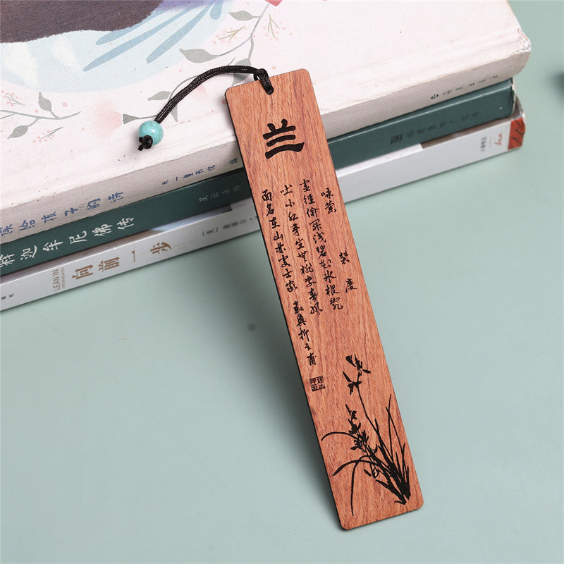 Lesezeichen aus Holz im Zen-Dekor mit Motiven aus Pflaume, Orchidee, Bambus und Chrysanthemen