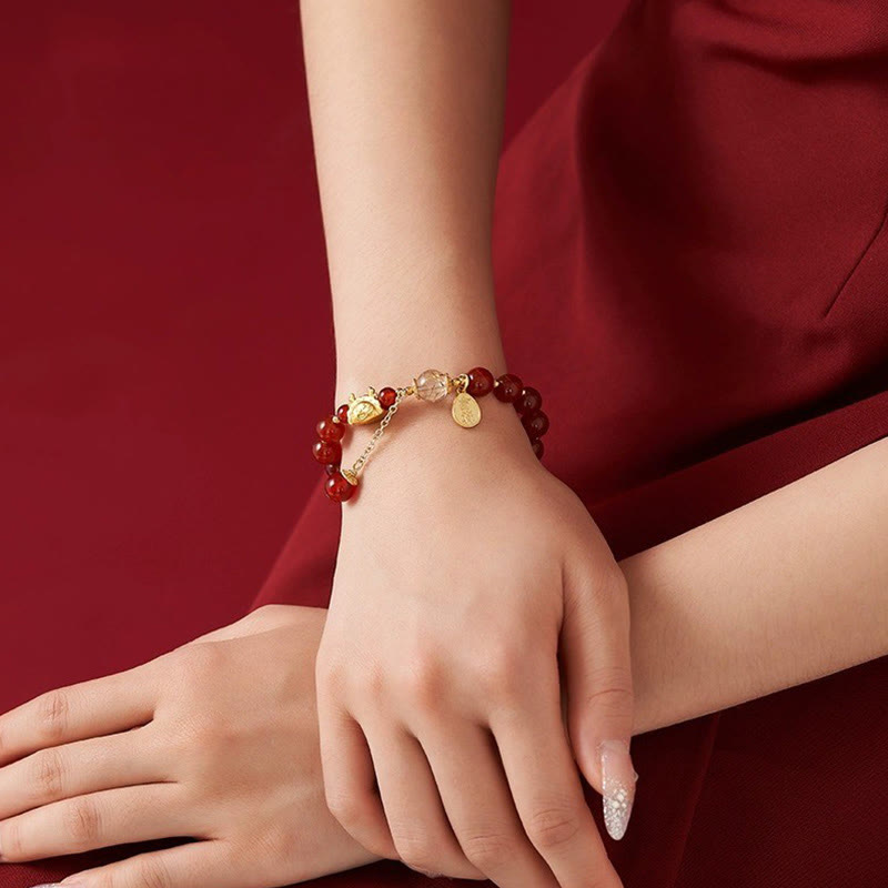 Jahr des Drachen, Glücksarmband aus rotem Achat, 14–16 cm