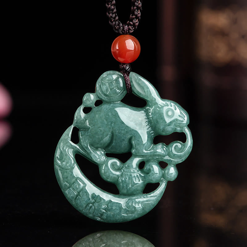 Jahr des Hasen Jade Glück Halbmond Halskette