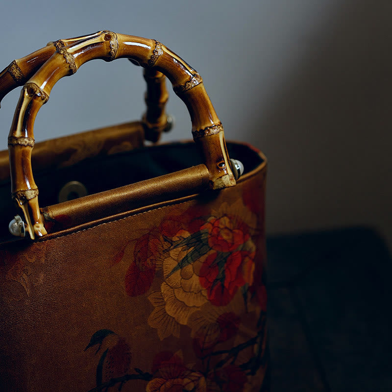 Gelber Vogel Grüne Pfingstrose Bambus Henkel Handtasche | Spirituelles Accessoire