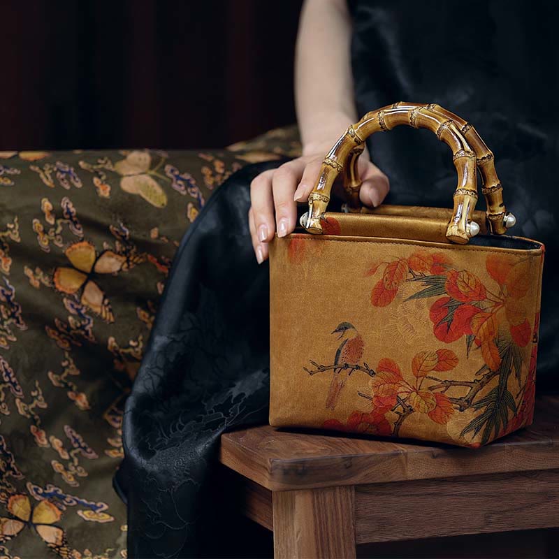 Gelber Vogel Grüne Pfingstrose Bambus Henkel Handtasche | Spirituelles Accessoire