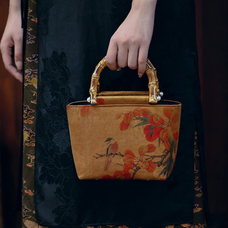 Gelber Vogel Grüne Pfingstrose Bambus Henkel Handtasche | Spirituelles Accessoire