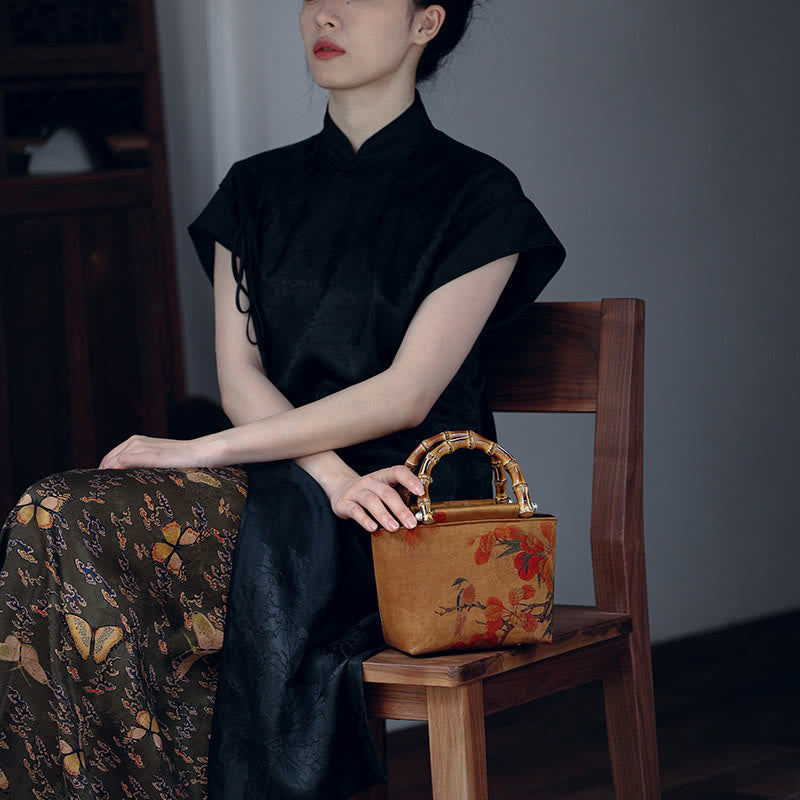 Gelber Vogel Grüne Pfingstrose Bambus Henkel Handtasche | Spirituelles Accessoire