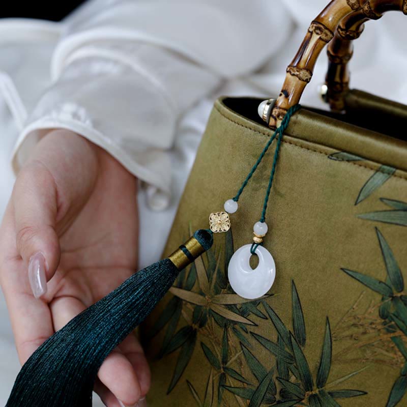 Gelbgrüne Handtasche mit Bambusblättern und Bambusgriffen | Spirituelles Accessoire