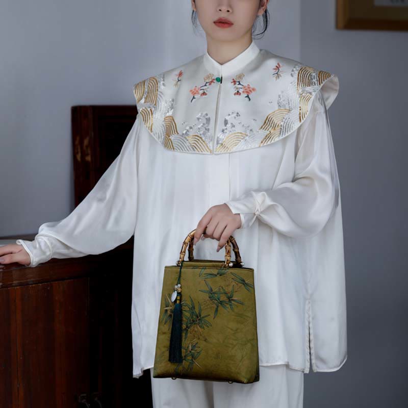 Gelbgrüne Handtasche mit Bambusblättern und Bambusgriffen | Spirituelles Accessoire