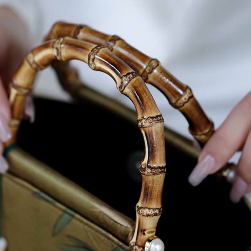 Gelbgrüne Handtasche mit Bambusblättern und Bambusgriffen | Spirituelles Accessoire