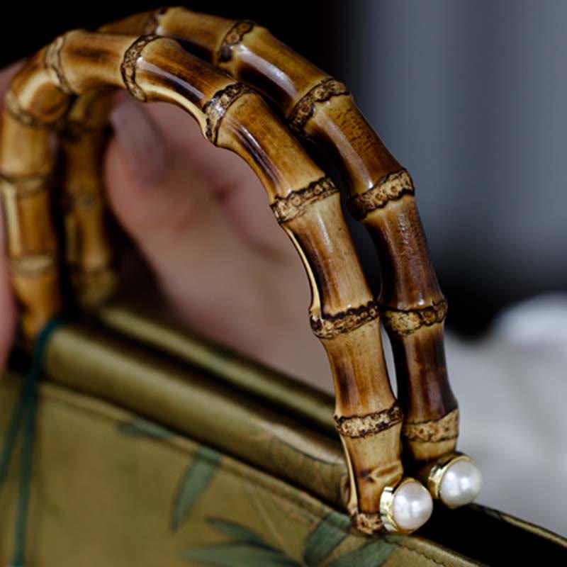 Gelbgrüne Handtasche mit Bambusblättern und Bambusgriffen | Spirituelles Accessoire