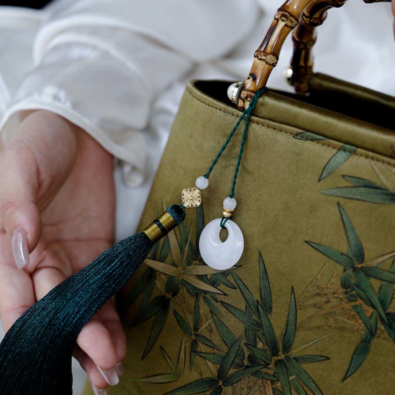 Gelbgrüne Handtasche mit Bambusblättern und Bambusgriffen | Spirituelles Accessoire