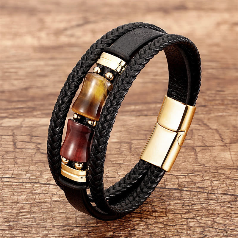 Gelbes Tigerauge-Mehrschicht-Lederarmband für Mut und Integrität