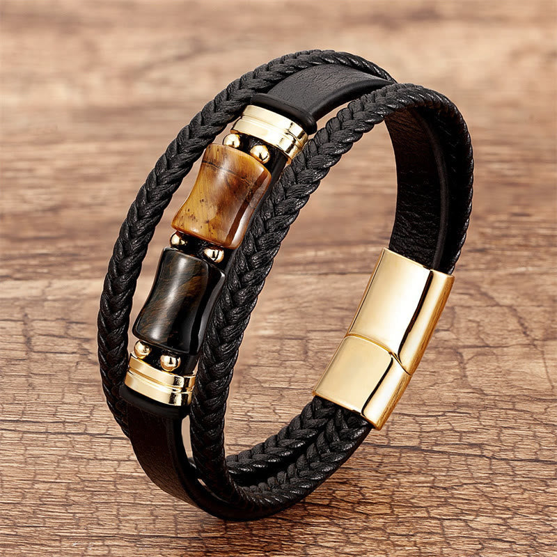 Gelbes Tigerauge-Mehrschicht-Lederarmband für Mut und Integrität