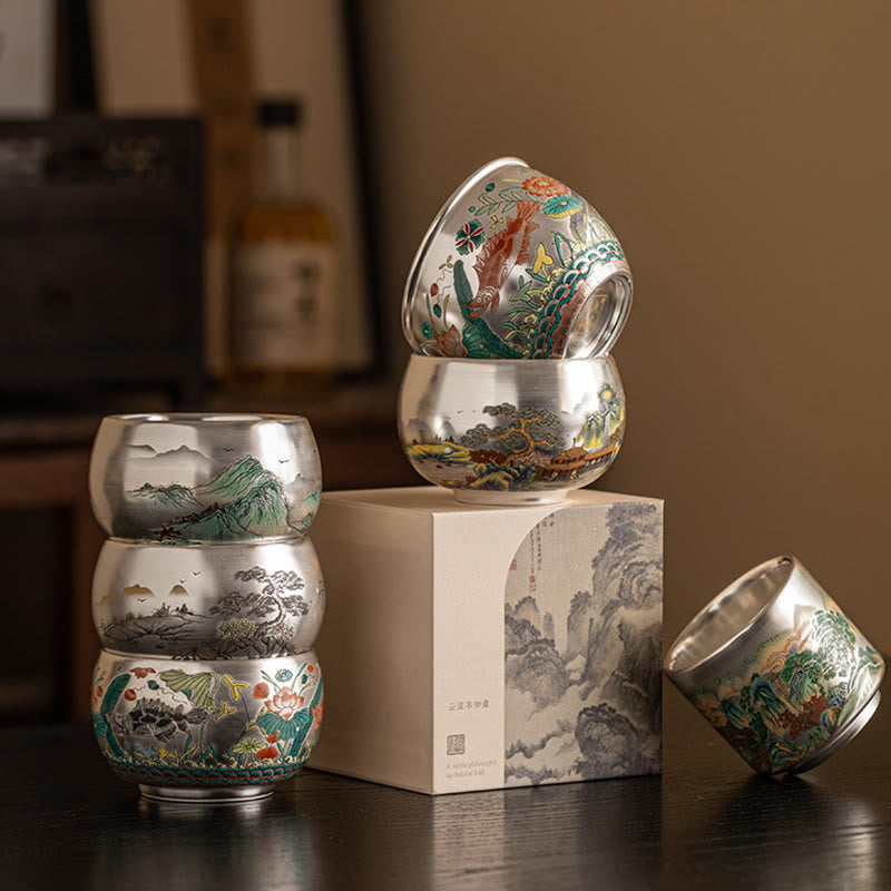 Zen-Teetasse aus Keramik mit Drachen- und Naturmotiven