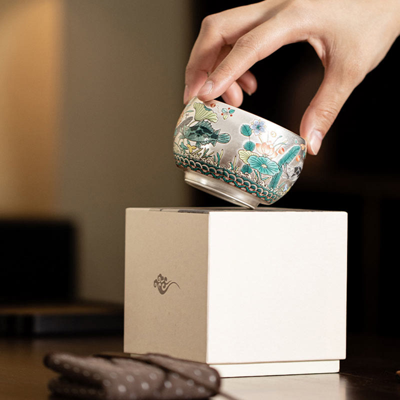 Zen-Teetasse aus Keramik mit Drachen- und Naturmotiven
