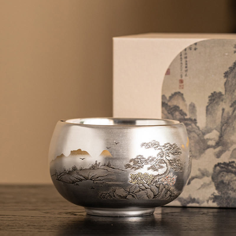 Zen-Teetasse aus Keramik mit Drachen- und Naturmotiven
