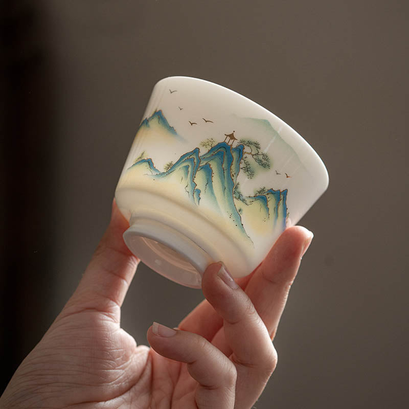 Zen-Teetasse aus Keramik mit Lotusblumen- und Bergdesign, 100 ml