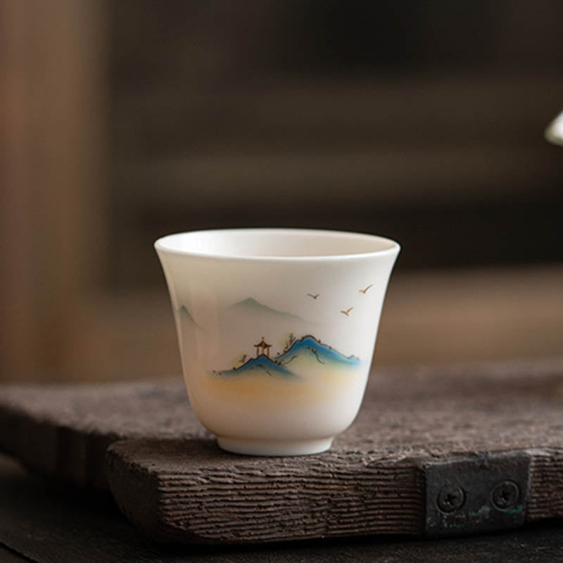 Zen-Teetasse aus Keramik mit Lotusblumen- und Bergdesign, 100 ml